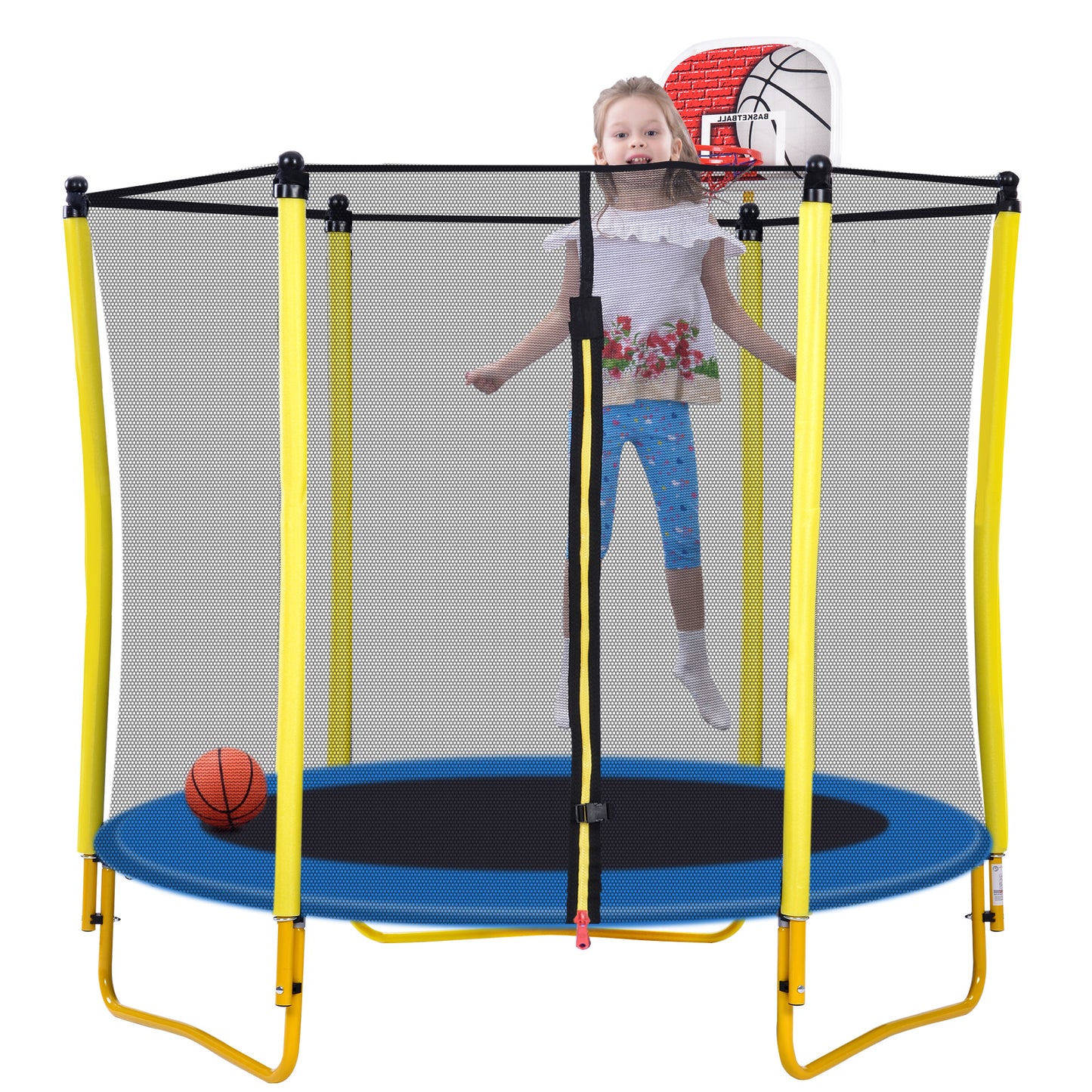 5.5 FT Outdoor & Indoor Mini Toddler Trampoline with Enclosure, Basketball Hoop and Ball Included