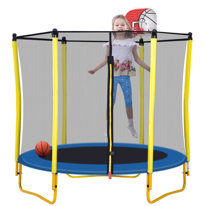 5.5 FT Outdoor & Indoor Mini Toddler Trampoline with Enclosure, Basketball Hoop and Ball Included