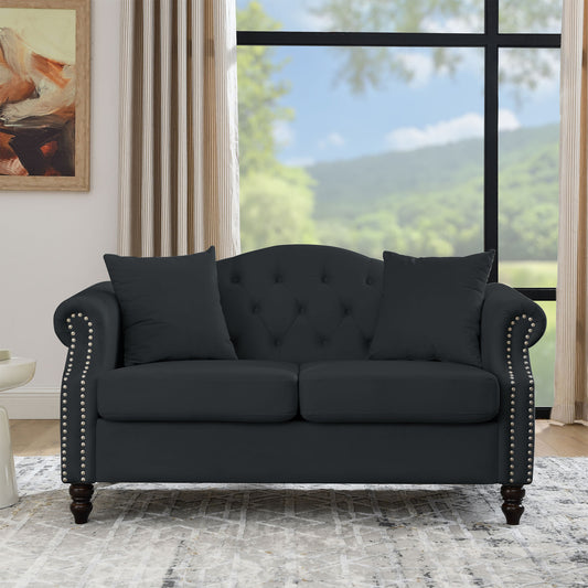 57" Chesterfield Black Velvet 2 Seater Sofa with Rolled Arms and Nailhead Trim