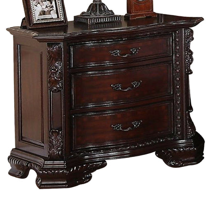 1pc Brown Cherry Traditional Solid Wood Nightstand with 3 Decorative Drawers