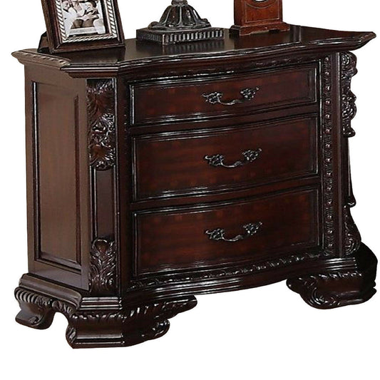 1pc Brown Cherry Traditional Solid Wood Nightstand with 3 Decorative Drawers