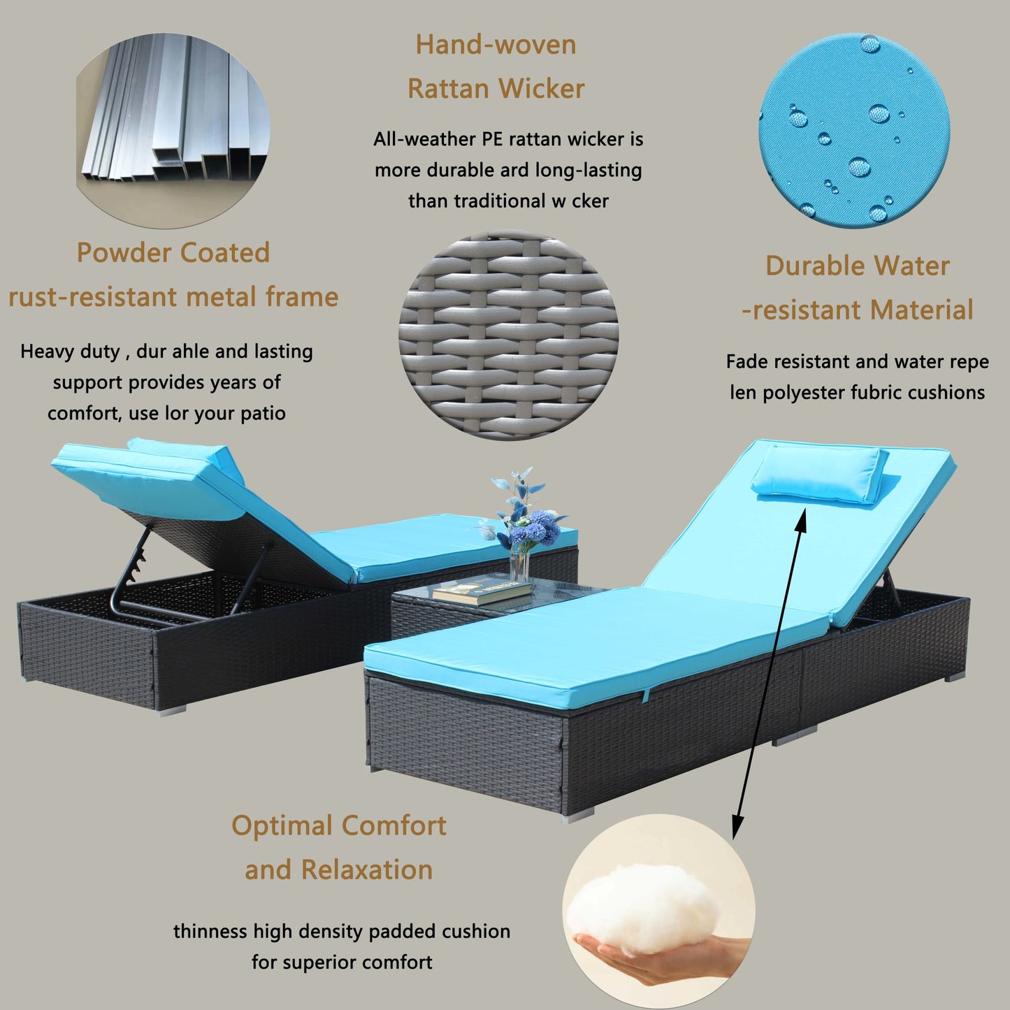 3-Piece Outdoor Patio Furniture Set Chaise Lounge, Patio Reclining Rattan Lounge Chair Chaise Couch Cushioned with Glass Coffee Table, Adjustable Back and Feet, Lounger Chair for Pool Garden, Blue