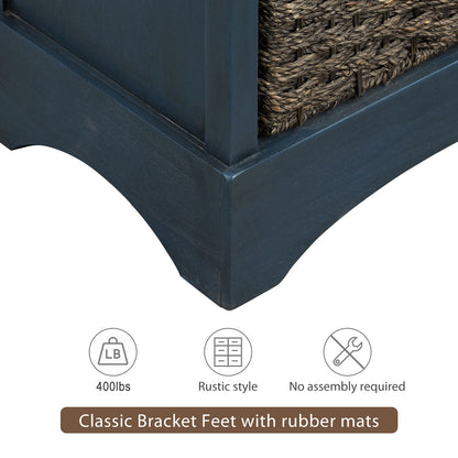 TREXM Rustic Storage Cabinet with Two Drawers and Four Classic Rattan Basket for Dining Room/Entryway/Living Room (Antique Navy)
