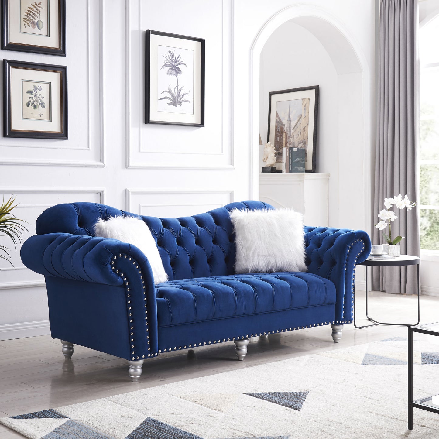 3 Piece Living Room Sofa Set; including 3-Seater Sofa; Loveseat and Sofa Chair; with Button and Copper Nail on Arms and Back; Five White Villose Pillow; Blue.