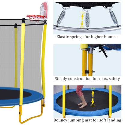 5.5 FT Outdoor & Indoor Mini Toddler Trampoline with Enclosure, Basketball Hoop and Ball Included