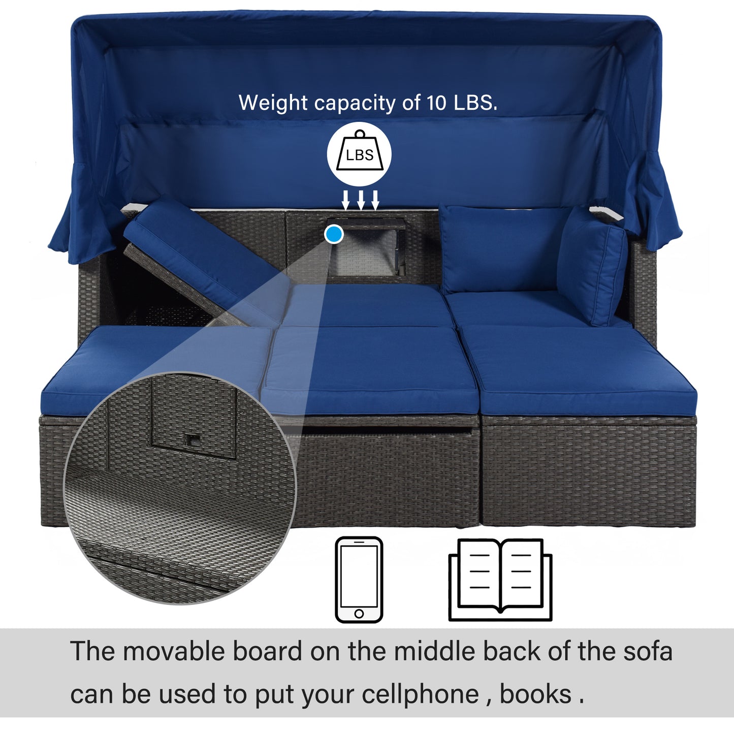 U_Style Outdoor Patio Rectangle Daybed with Retractable Canopy, Wicker Furniture Sectional Seating with Washable Cushions, Backyard, Porch(As same as WY000263AAE)