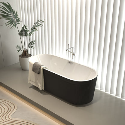 67" Matt Black Finish Acrylic Spacious Oval Shape Freestanding Bathtub with Unique Pleated Design