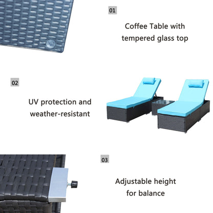 3-Piece Outdoor Patio Furniture Set Chaise Lounge, Patio Reclining Rattan Lounge Chair Chaise Couch Cushioned with Glass Coffee Table, Adjustable Back and Feet, Lounger Chair for Pool Garden, Blue