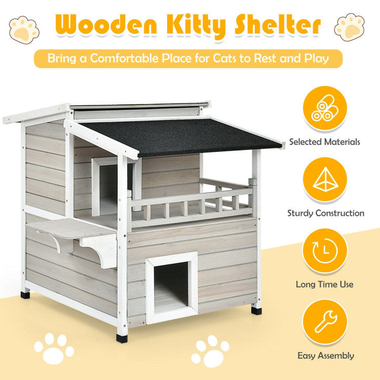 2-Story Luxurious Wooden Pet House with Large Balcony in Grey