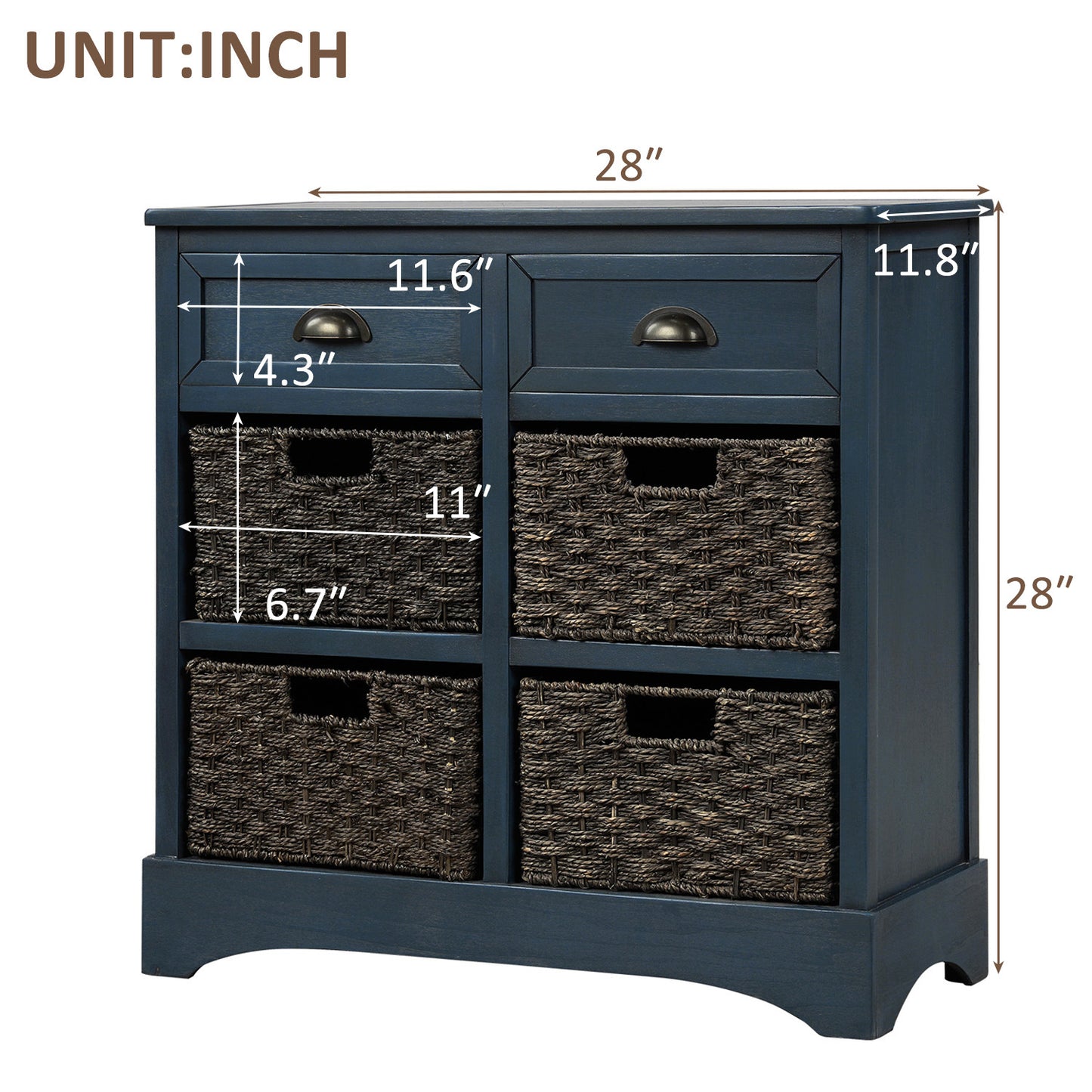 TREXM Rustic Storage Cabinet with Two Drawers and Four Classic Rattan Basket for Dining Room/Entryway/Living Room (Antique Navy)