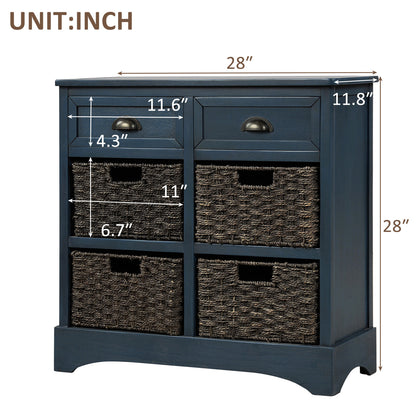 TREXM Rustic Storage Cabinet with Two Drawers and Four Classic Rattan Basket for Dining Room/Entryway/Living Room (Antique Navy)