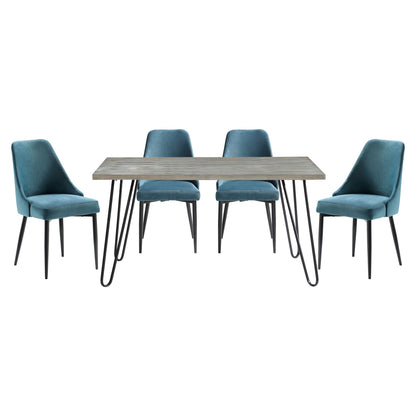 Modern Sleek Design 5pc Dining Set Table and 4x Side Chairs Blue Velvet Casual Metal Frame Stylish Dining Furniture