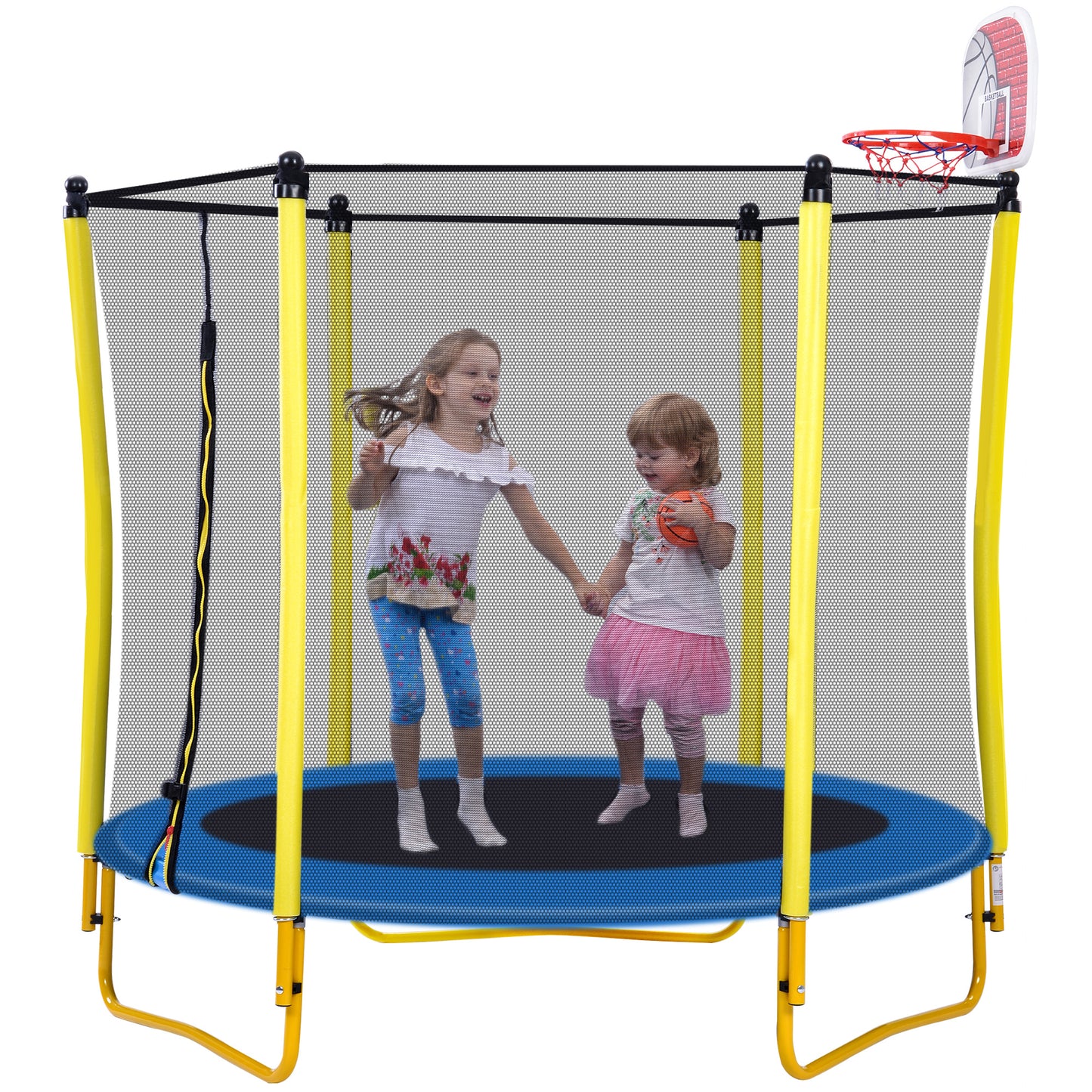 5.5 FT Outdoor & Indoor Mini Toddler Trampoline with Enclosure, Basketball Hoop and Ball Included