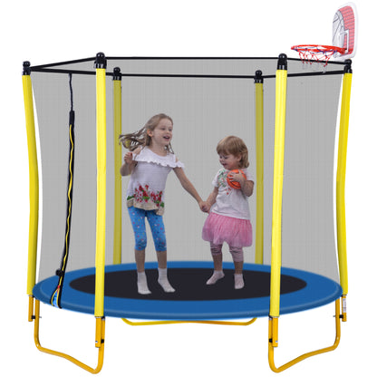 5.5 FT Outdoor & Indoor Mini Toddler Trampoline with Enclosure, Basketball Hoop and Ball Included