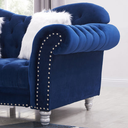3 Piece Living Room Sofa Set; including 3-Seater Sofa; Loveseat and Sofa Chair; with Button and Copper Nail on Arms and Back; Five White Villose Pillow; Blue.