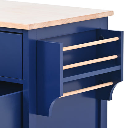 K&K Store Kitchen Cart with Rubber Wood Countertop , Kitchen Island has 8 Handle-Free Drawers Including a Flatware Organizer and 5 Wheels for Kitchen Dinning Room, Dark Blue
