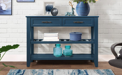 Console Sofa Table with 2 Storage Drawers and 2 Tiers Shelves, Mid-Century Style 42'' Solid Wood Buffet Sideboard for Living Room Furniture Kitchen Dining Room Entryway Hallway,Navy Blue